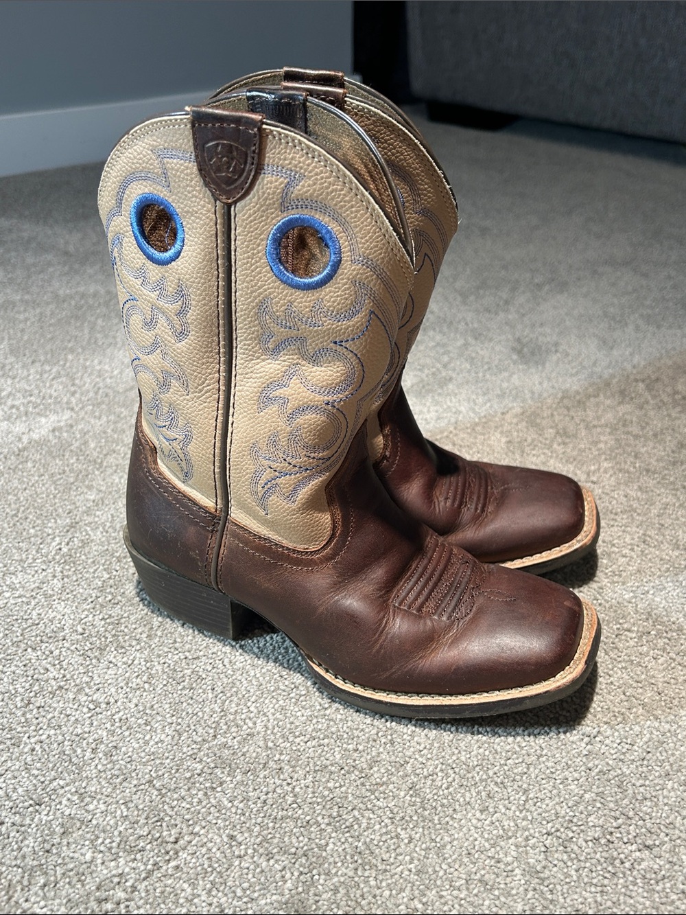 Ariat Kids Brown and Tan Cowboy Boots with Blue Stitching